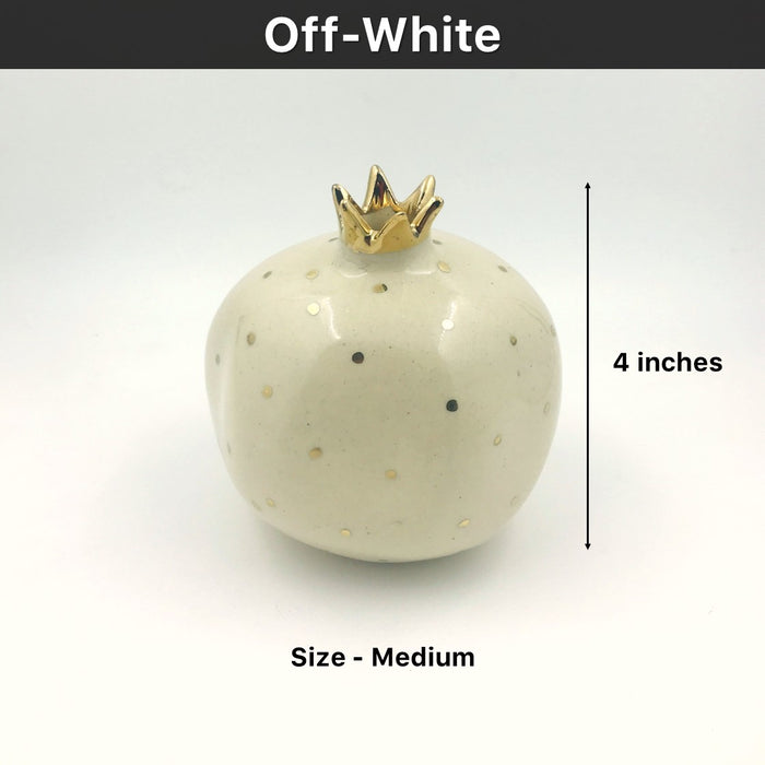 Ceramic Pomegranate Showpiece with Gold Plated Crown, 4 inch (Off-White)