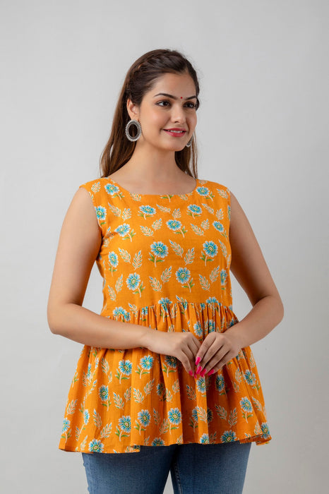 Women's Pure Cotton Printed Hip Length Formal Tops KRT046ORANGE