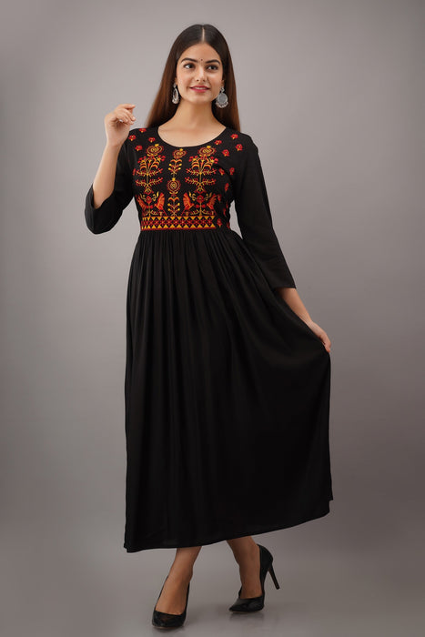 Women's Solid Dyed Rayon Designer Embroidered A-Line Kurta - KR021BLACK