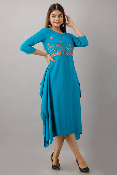 Women's Solid Dyed Rayon Designer Embroidered A-Line Kurta - KR063TURQUOISE