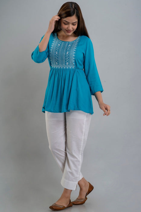 Women's Rayon embroidered Hip Length Formal Tops KRT035TURQUOISE