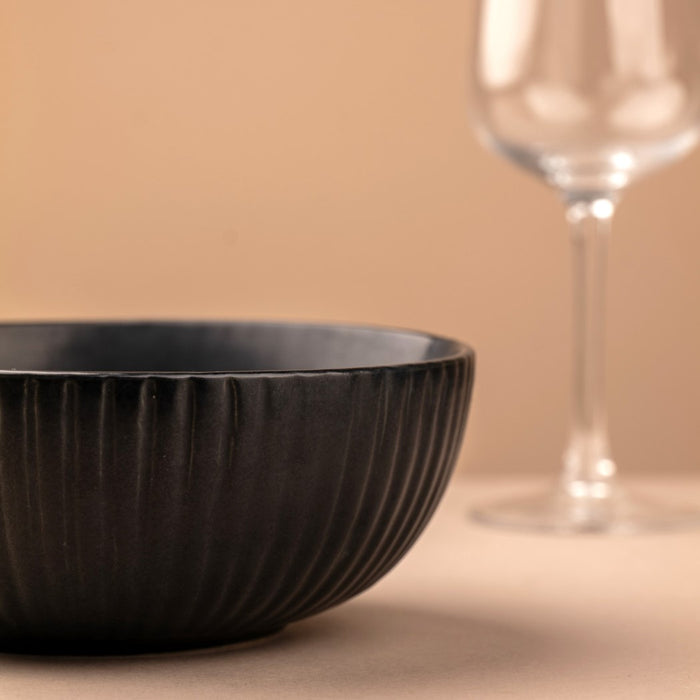 Matte Black Ceramic Serving Bowl, 7 inch, Microwave Safe - Ribbed Black