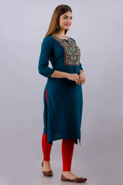 Women's Rayon Printed Calf Length Straight Kurta KR062BLUE