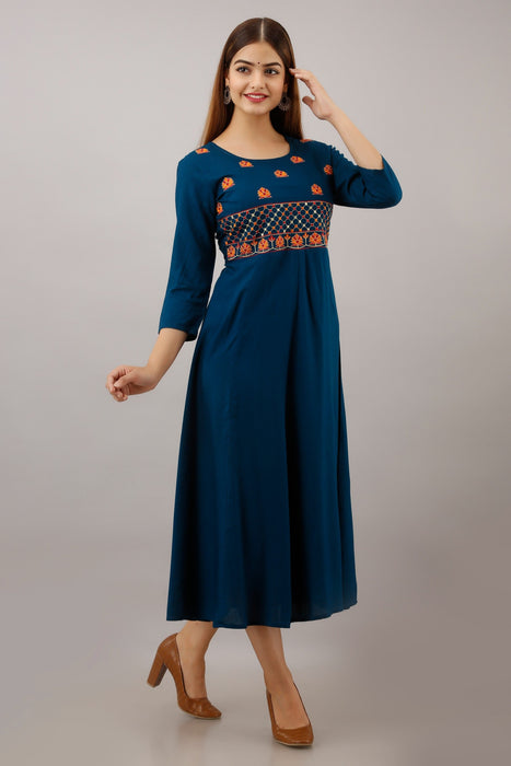 Women's Solid Dyed Rayon Designer Embroidered A-Line Kurta - KR022BLUE