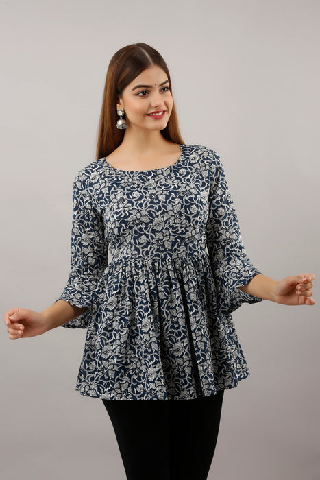 Women's Pure Cotton Printed Hip Length Formal Tops KRT001BLUE