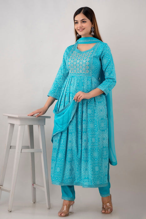 Traditional Zari Embroidery Work A-Line Kurta With Trouser & Dupatta - KR3004TURQUOISE