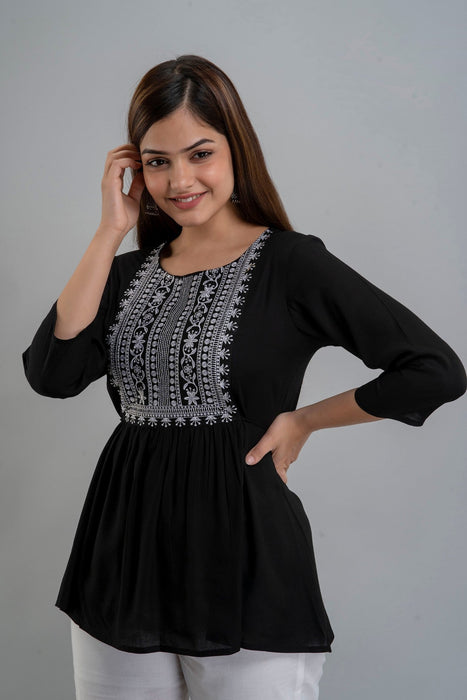 Women's Rayon embroidered Hip Length Formal Tops KRT035BLACK