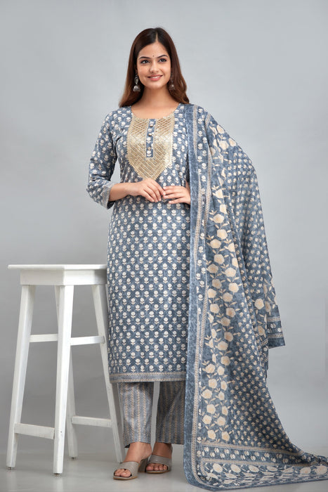 Traditional Zari Embroidery Work A-Line Kurta With Trouser & Dupatta - KR3011GREY