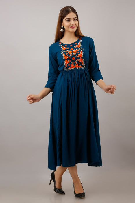 Women's Solid Dyed Rayon Designer Embroidered A-Line Kurta - KR055BLUE