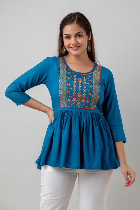 Women's Rayon embroidered Hip Length Formal Tops KRT036BLUE