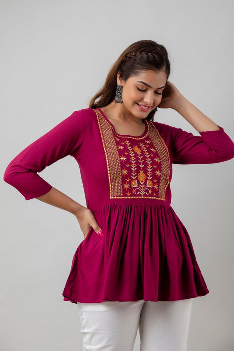 Women's Rayon embroidered Hip Length Formal Tops KRT036WINE