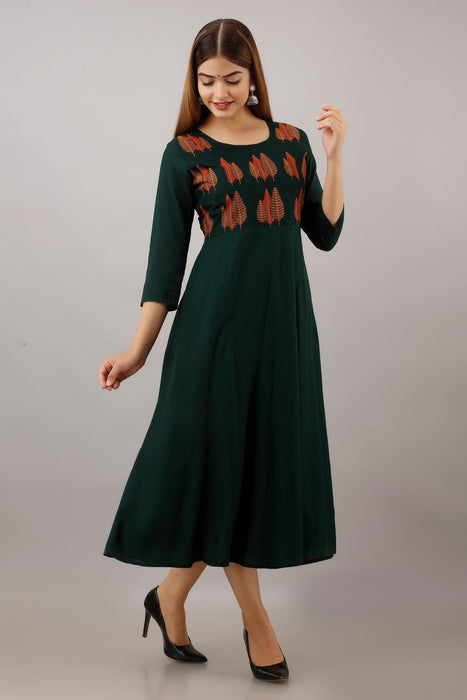 Women's Solid Dyed Rayon Designer Embroidered A-Line Kurta - KR007GREEN