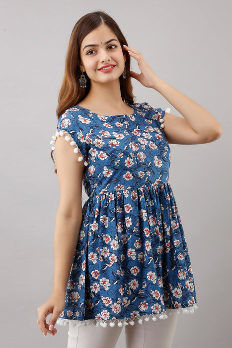 Women's Pure Cotton Printed Hip Length Formal Tops KRT006BLUE