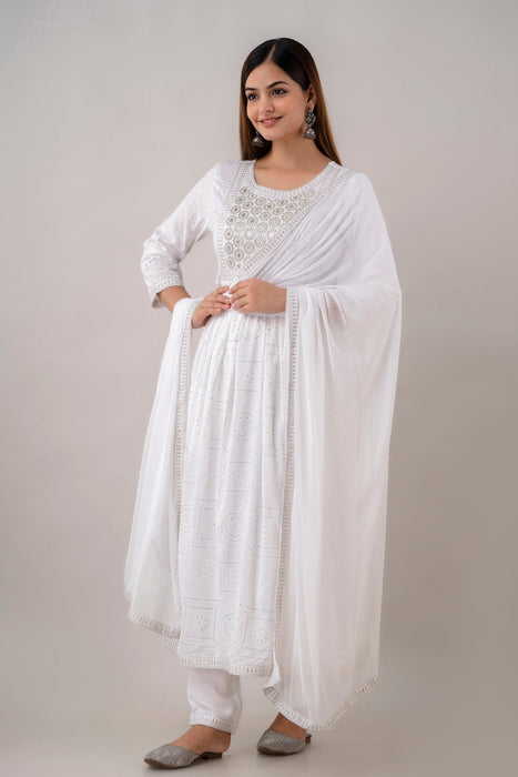 Traditional Zari Embroidery Work A-Line Kurta With Trouser & Dupatta - KR3004WHITE