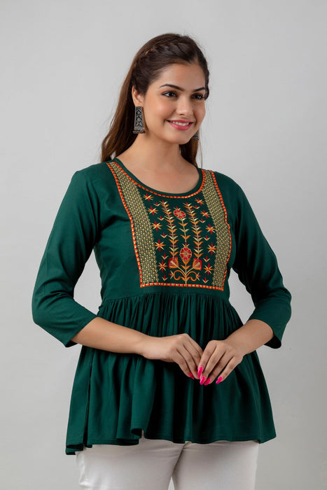 Women's Rayon embroidered Hip Length Formal Tops KRT036GREEN