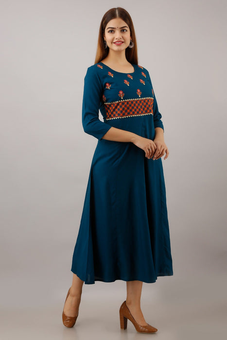 Women's Solid Dyed Rayon Designer Embroidered A-Line Kurta - KR053BLUE