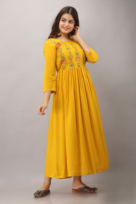 Women's Solid Dyed Rayon Designer Embroidered A-Line Kurta - KR005MUSTARD