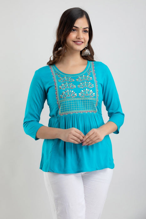 Women's Rayon embroidered Hip Length Formal Tops KRT021TURQUOISE