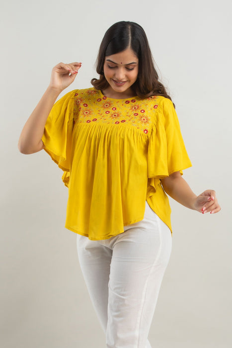 Women's Rayon embroidered Hip Length Formal Tops KRT019MUSTARD