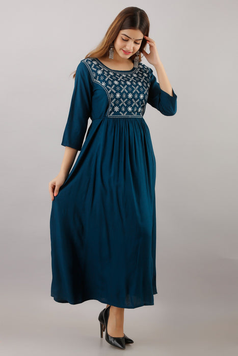 Women's Solid Dyed Rayon Designer Embroidered A-Line Kurta - KR016BLUE