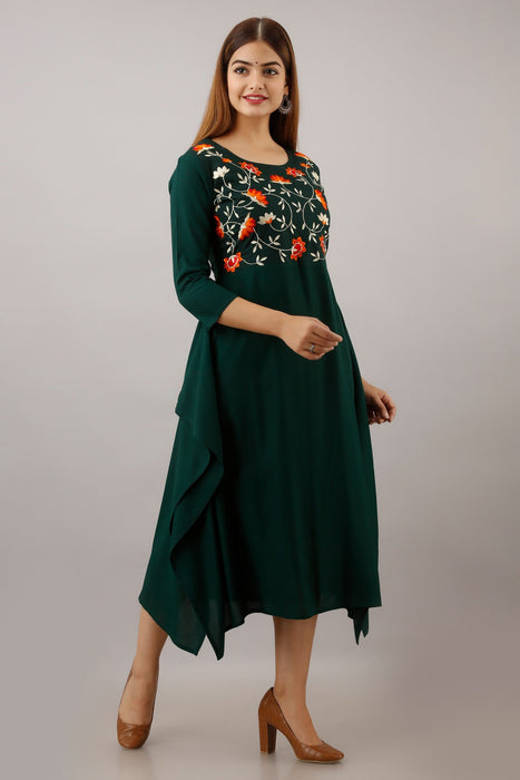 Women's Solid Dyed Rayon Designer Embroidered A-Line Kurta - KR046GREEN