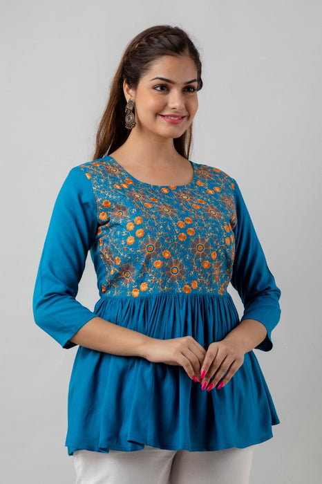 Women's Rayon embroidered Hip Length Formal Tops KRT037BLUE