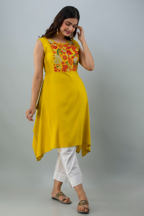 Women's Solid Dyed Rayon Designer Embroidered A-Line Kurta - KR0100MUSTARD