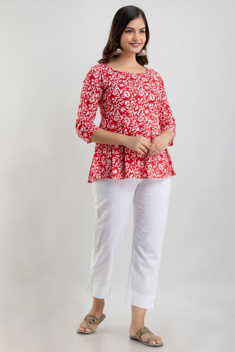 Women's Pure Cotton Printed Hip Length Formal Tops KRT028RED