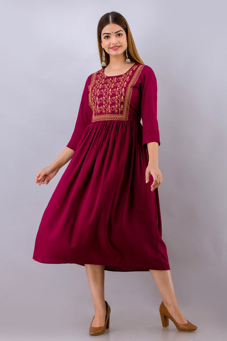 Women's Solid Dyed Rayon Designer Embroidered A-Line Kurta - KR064WINE