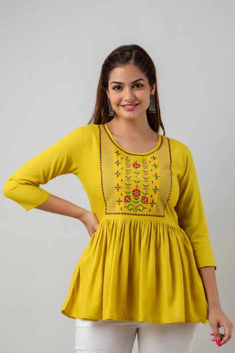 Women's Rayon embroidered Hip Length Formal Tops KRT036MUSTARD