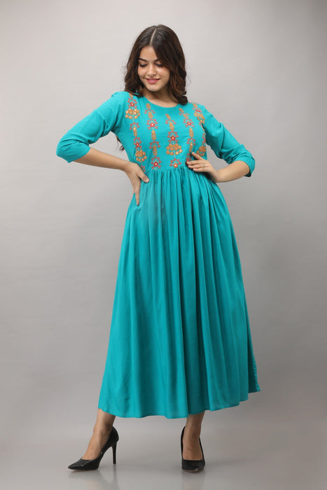 Women's Solid Dyed Rayon Designer Embroidered A-Line Kurta - KR005TURQUOISE