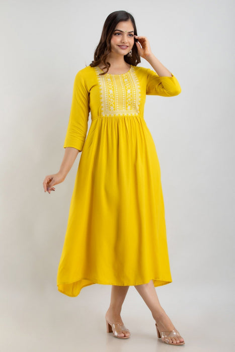 Women's Solid Dyed Rayon Designer Embroidered A-Line Kurta - KR0105MUSTARD