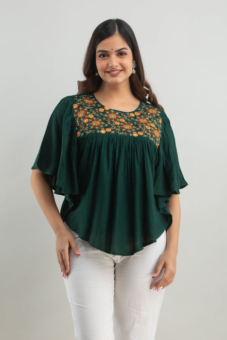 Women's Rayon embroidered Hip Length Formal Tops KRT019GREEN