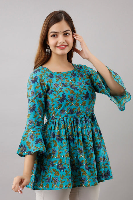 Women's Pure Cotton Printed Hip Length Formal Tops KRT007TURQUOISE