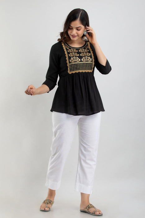 Women's Rayon embroidered Hip Length Formal Tops KRT021BLACK