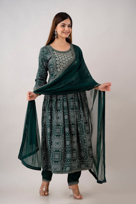 Traditional Zari Embroidery Work A-Line Kurta With Trouser & Dupatta - KR3004GREEN