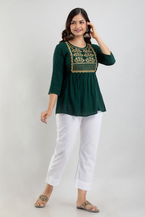 Women's Rayon embroidered Hip Length Formal Tops KRT021GREEN