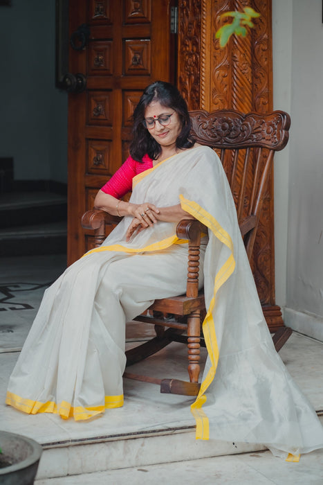 Chanderi Silk Saree - White Yellow