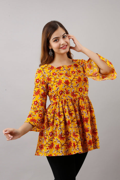 Women's Pure Cotton Printed Hip Length Formal Tops KRT007YELLOW