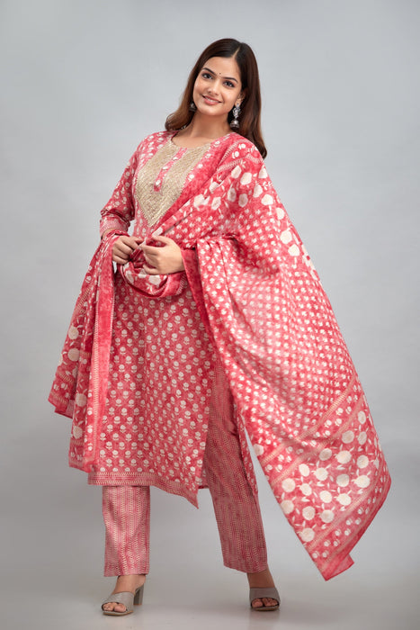 Traditional Zari Embroidery Work A-Line Kurta With Trouser & Dupatta - KR3011PINK