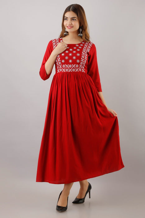 Women's Solid Dyed Rayon Designer Embroidered A-Line Kurta - KR015RED