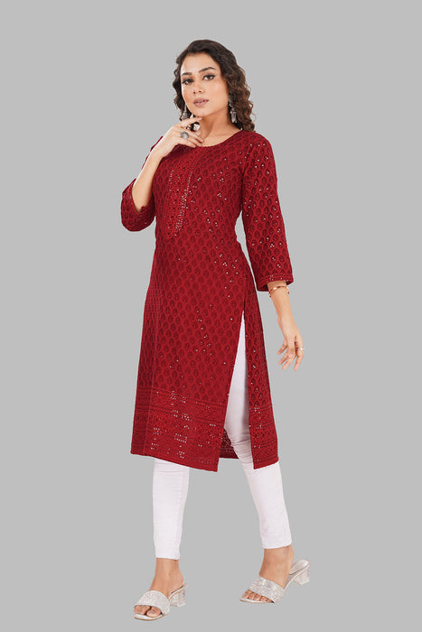 Rayon Chikan sequence work Kurti-NMK-RED