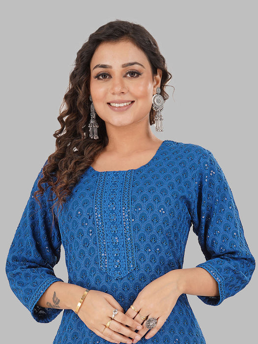 Rayon Chikan sequence work Kurti-NMK-BLUE