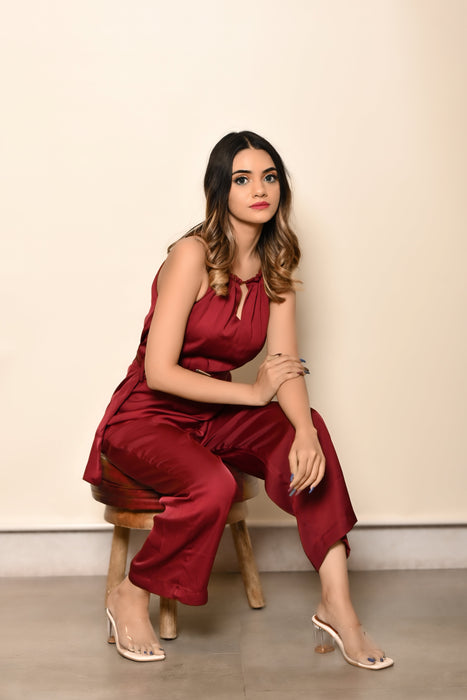 BURGUNDY HALTERNECK JUMPSUIT