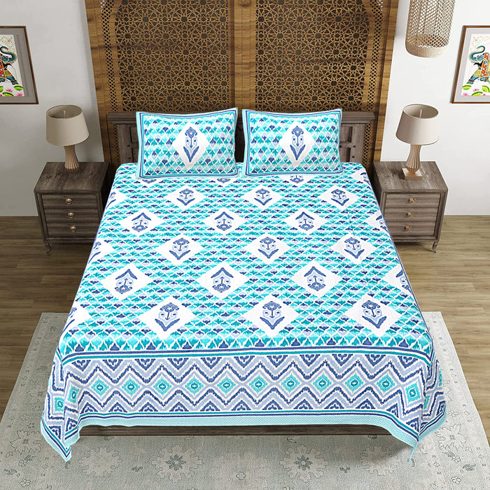 Jaipuri Print Cotton king 90 by 108 Floral Bedsheet with two big size pillow cover BS-34 Blue