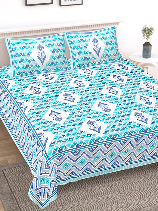 Jaipuri Print Cotton king 90 by 108 Floral Bedsheet with two big size pillow cover BS-34 Blue