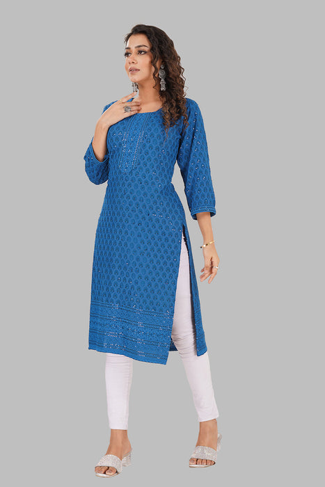 Rayon Chikan sequence work Kurti-NMK-BLUE