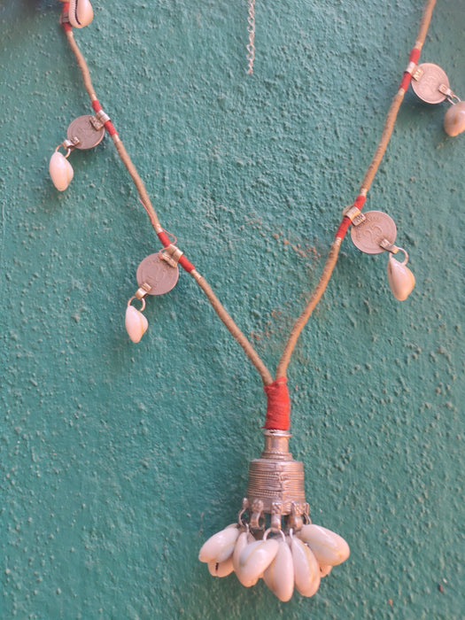 Boho Repurposed Metal And Cowry Necklace With Fine Thread Wrapping