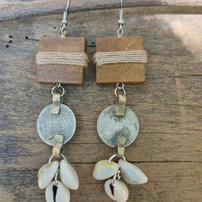 Wood & Repurposed Coin Earring