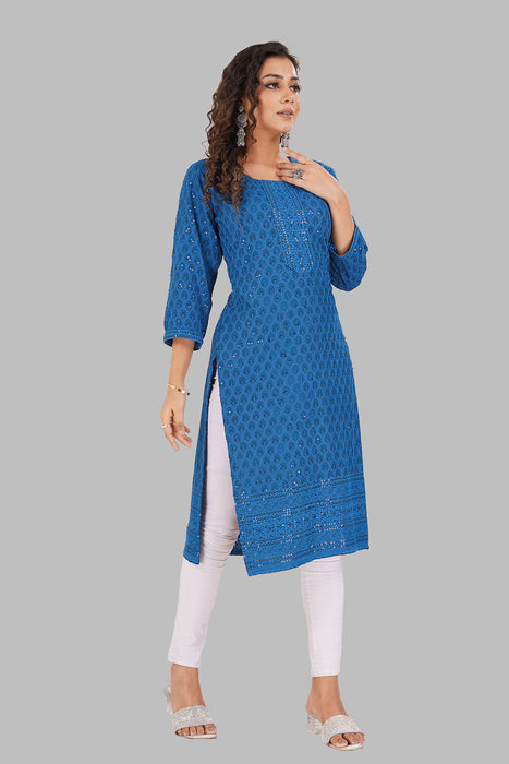 Rayon Chikan sequence work Kurti-NMK-BLUE